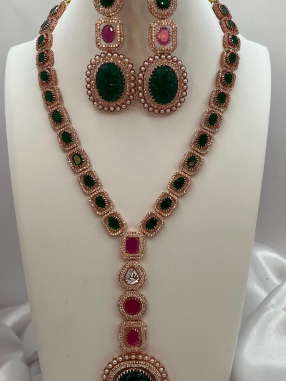 Elegant Green and Pink Stone Necklace & Earring Set - Women Jewelry